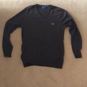 Fred Perry Merino Wool V Neck Sweater Brown w/Blue